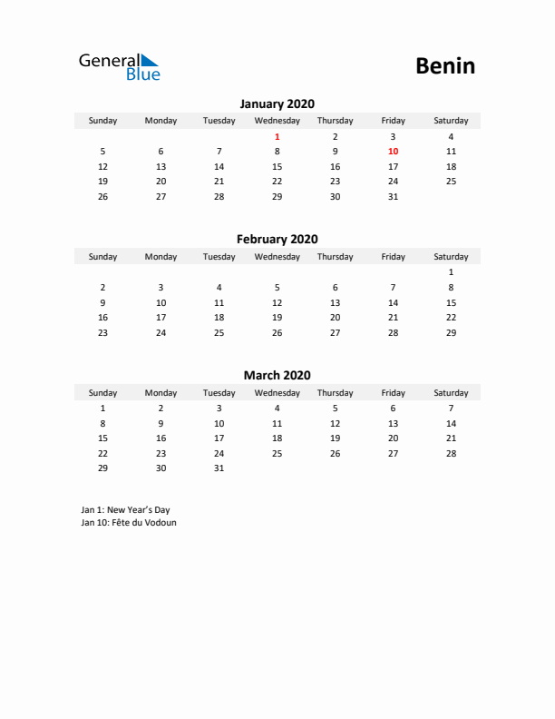 Printable Quarterly Calendar with Notes and Benin Holidays- Q1 of 2020