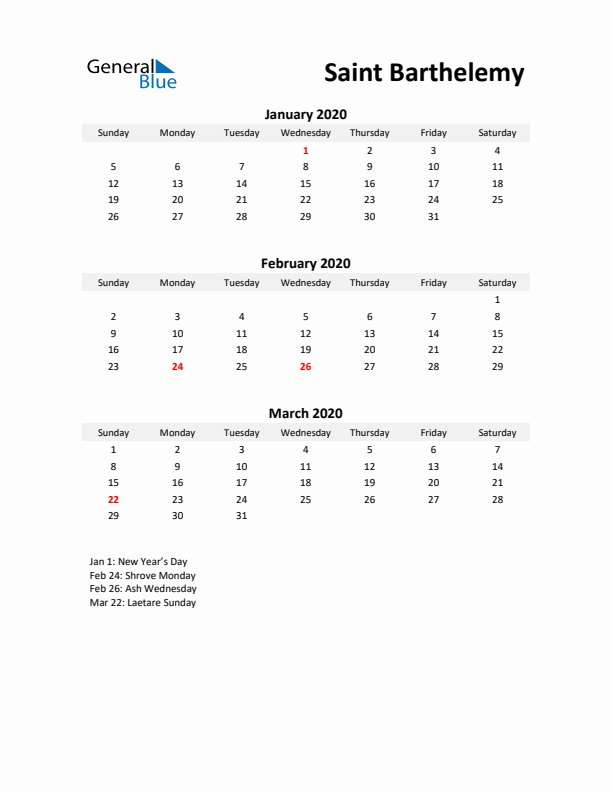 Printable Quarterly Calendar with Notes and Saint Barthelemy Holidays- Q1 of 2020