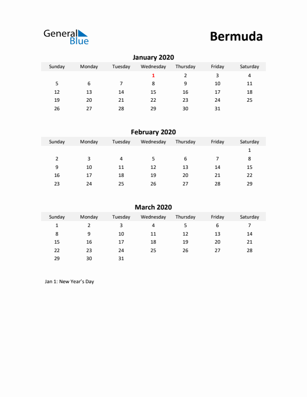 Printable Quarterly Calendar with Notes and Bermuda Holidays- Q1 of 2020