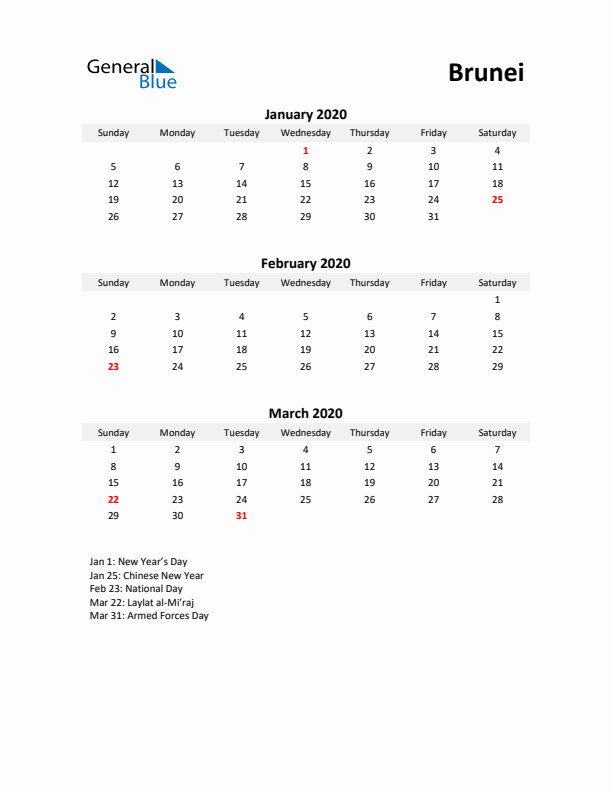 Printable Quarterly Calendar with Notes and Brunei Holidays- Q1 of 2020