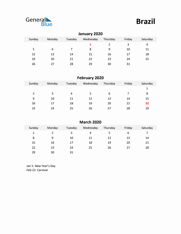 Printable Quarterly Calendar with Notes and Brazil Holidays- Q1 of 2020