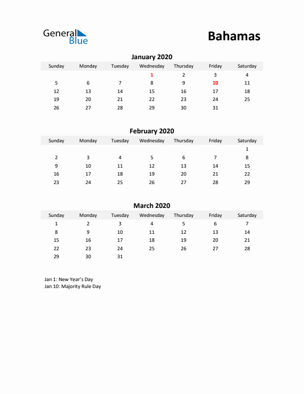 Printable Quarterly Calendar with Notes and Bahamas Holidays- Q1 of 2020