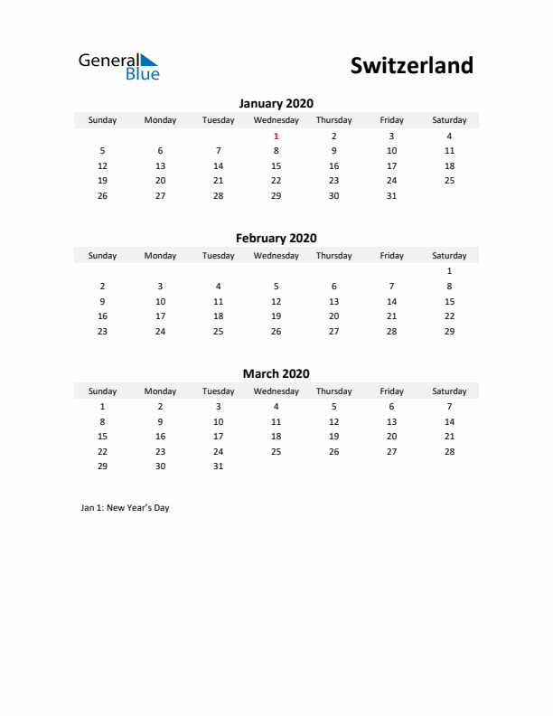 Printable Quarterly Calendar with Notes and Switzerland Holidays- Q1 of 2020