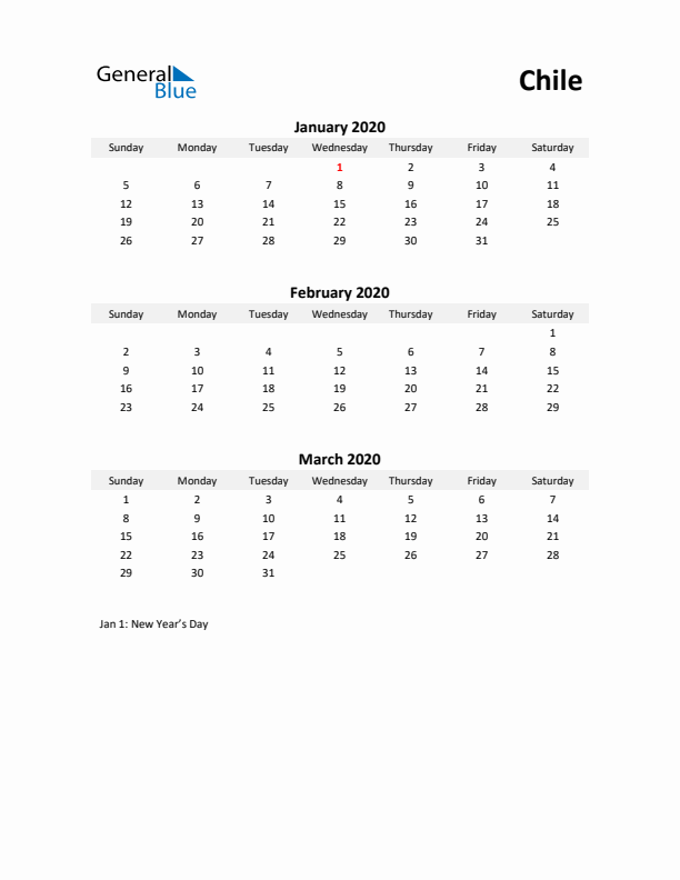 Printable Quarterly Calendar with Notes and Chile Holidays- Q1 of 2020