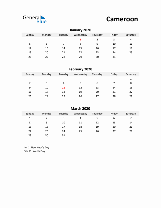 Printable Quarterly Calendar with Notes and Cameroon Holidays- Q1 of 2020