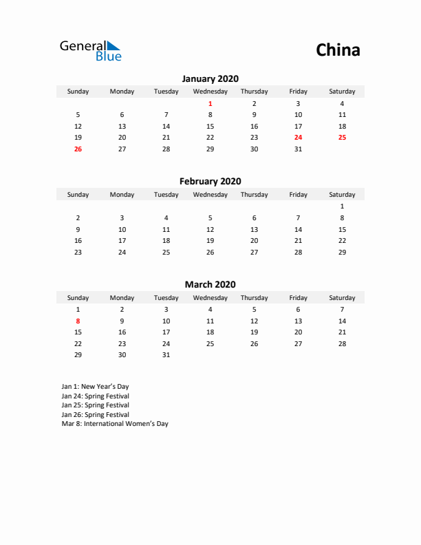 Printable Quarterly Calendar with Notes and China Holidays- Q1 of 2020