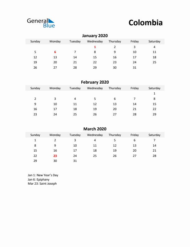 Printable Quarterly Calendar with Notes and Colombia Holidays- Q1 of 2020