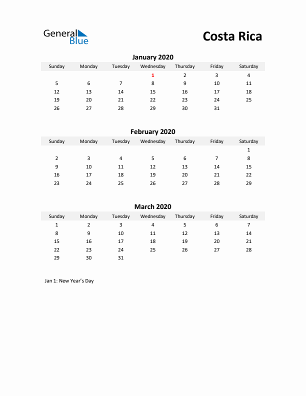 Printable Quarterly Calendar with Notes and Costa Rica Holidays- Q1 of 2020