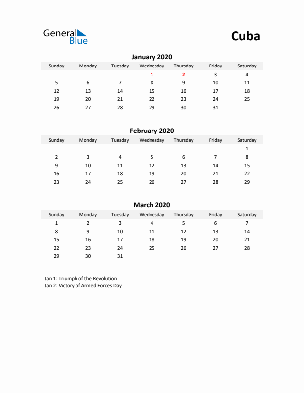 Printable Quarterly Calendar with Notes and Cuba Holidays- Q1 of 2020