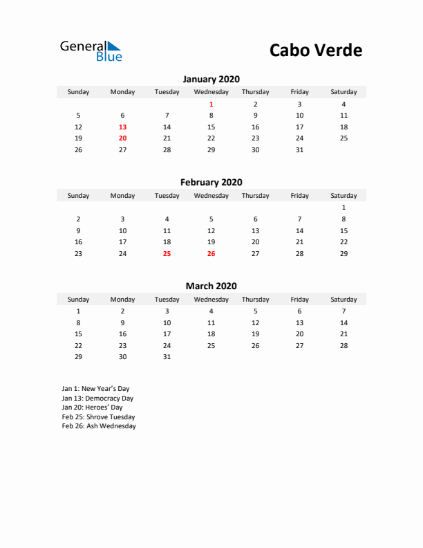 Printable Quarterly Calendar with Notes and Cabo Verde Holidays- Q1 of 2020