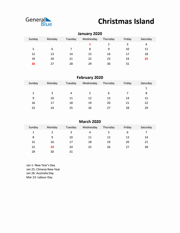 Printable Quarterly Calendar with Notes and Christmas Island Holidays- Q1 of 2020