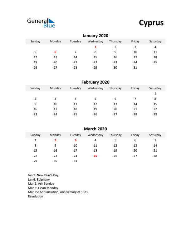 Printable Quarterly Calendar with Notes and Cyprus Holidays- Q1 of 2020