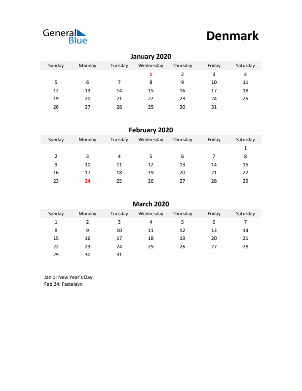 Printable Quarterly Calendar with Notes and Denmark Holidays- Q1 of 2020