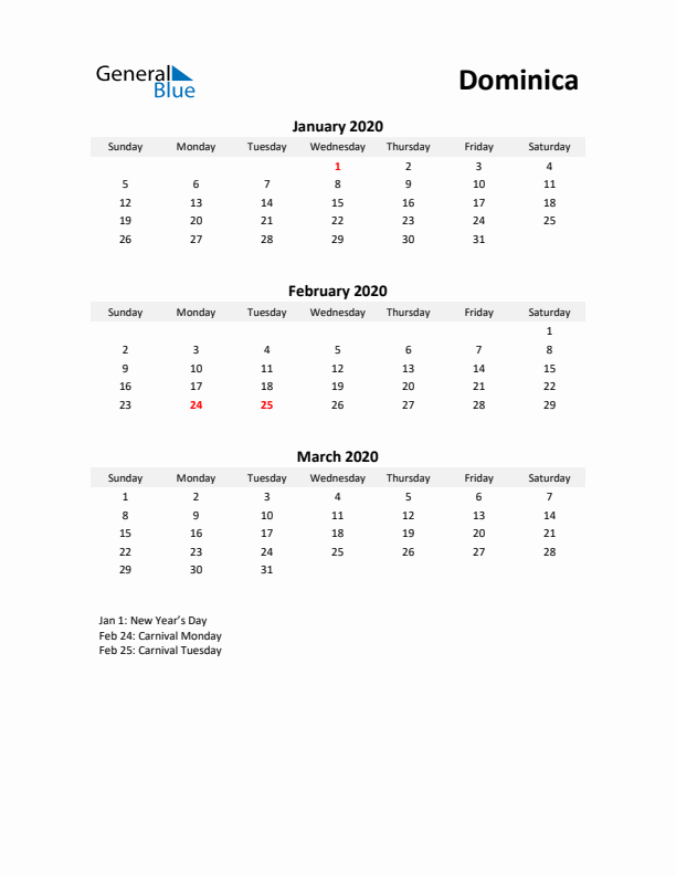 Printable Quarterly Calendar with Notes and Dominica Holidays- Q1 of 2020