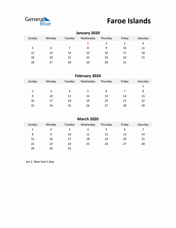 Printable Quarterly Calendar with Notes and Faroe Islands Holidays- Q1 of 2020