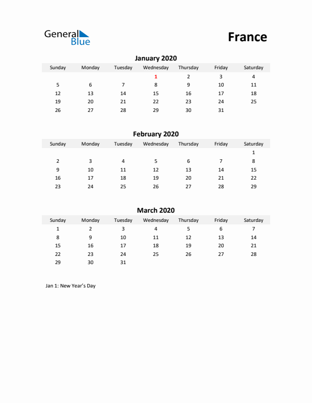 Printable Quarterly Calendar with Notes and France Holidays- Q1 of 2020