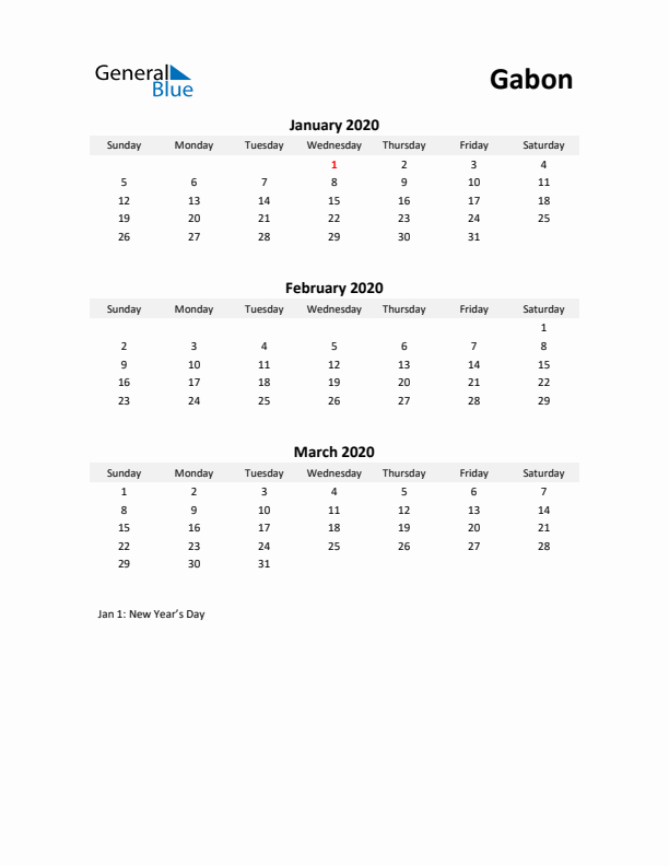 Printable Quarterly Calendar with Notes and Gabon Holidays- Q1 of 2020