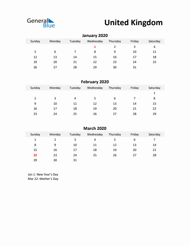 Printable Quarterly Calendar with Notes and United Kingdom Holidays- Q1 of 2020