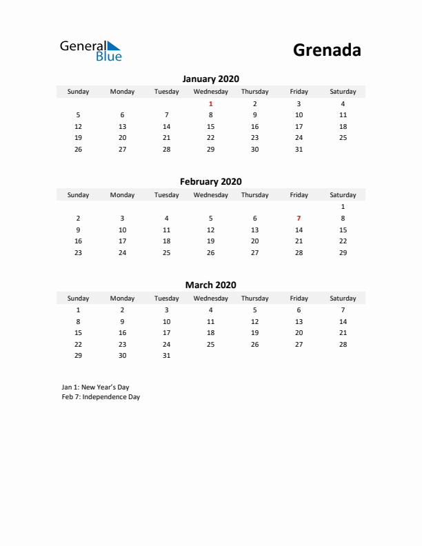 Printable Quarterly Calendar with Notes and Grenada Holidays- Q1 of 2020