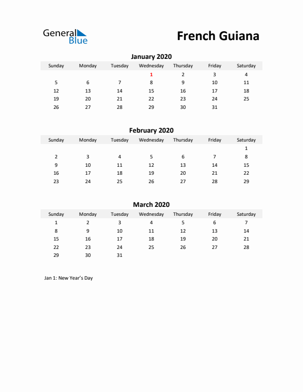 Printable Quarterly Calendar with Notes and French Guiana Holidays- Q1 of 2020