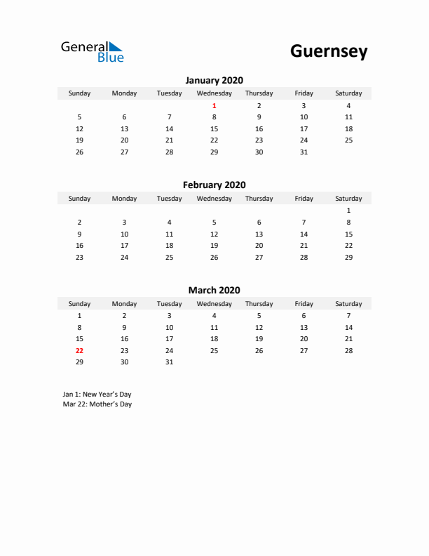 Printable Quarterly Calendar with Notes and Guernsey Holidays- Q1 of 2020