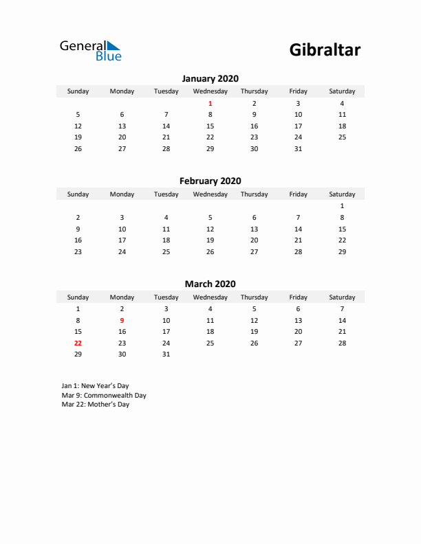 Printable Quarterly Calendar with Notes and Gibraltar Holidays- Q1 of 2020