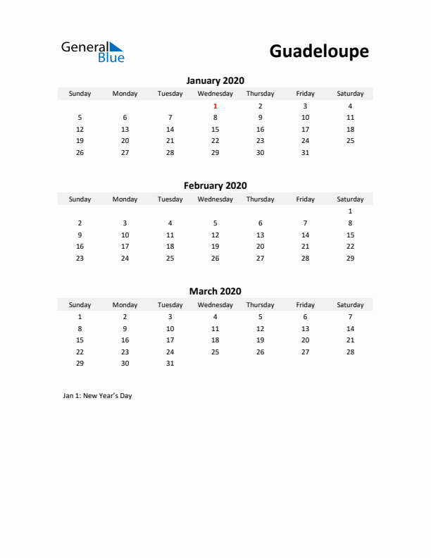 Printable Quarterly Calendar with Notes and Guadeloupe Holidays- Q1 of 2020