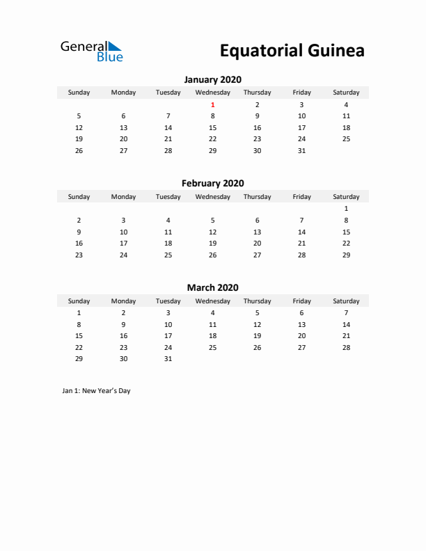 Printable Quarterly Calendar with Notes and Equatorial Guinea Holidays- Q1 of 2020