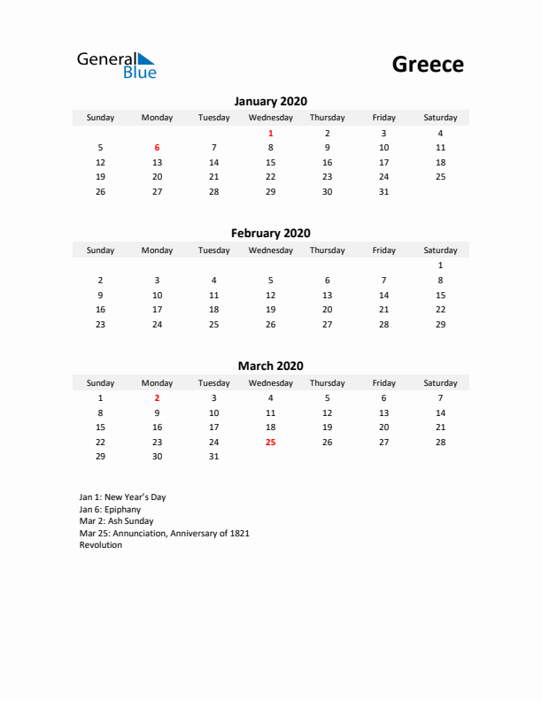 Printable Quarterly Calendar with Notes and Greece Holidays- Q1 of 2020