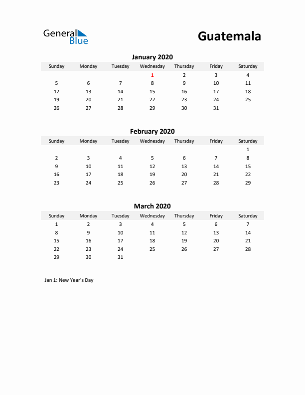 Printable Quarterly Calendar with Notes and Guatemala Holidays- Q1 of 2020