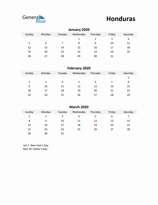 Printable Quarterly Calendar with Notes and Honduras Holidays- Q1 of 2020