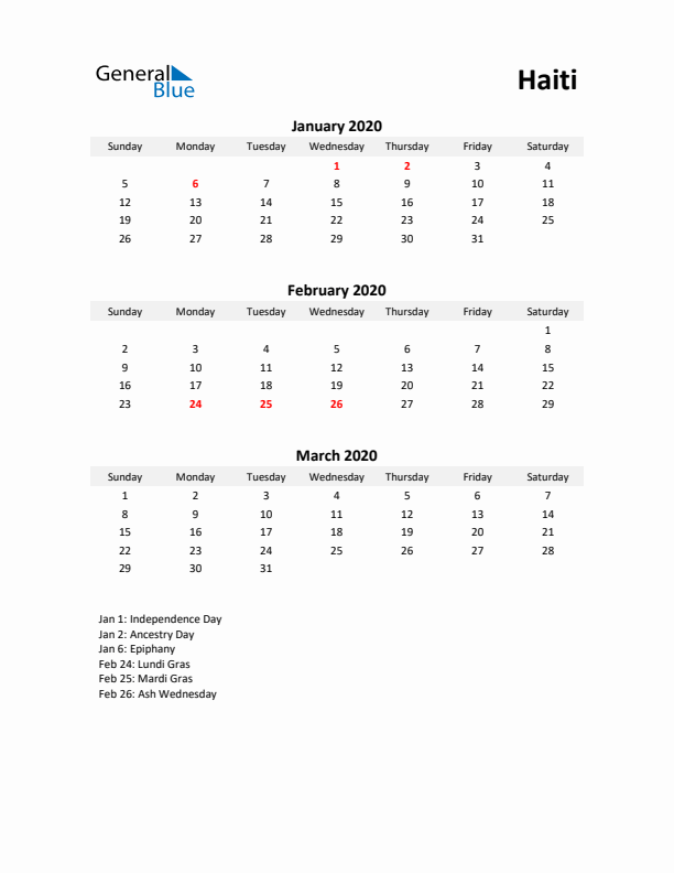 Printable Quarterly Calendar with Notes and Haiti Holidays- Q1 of 2020