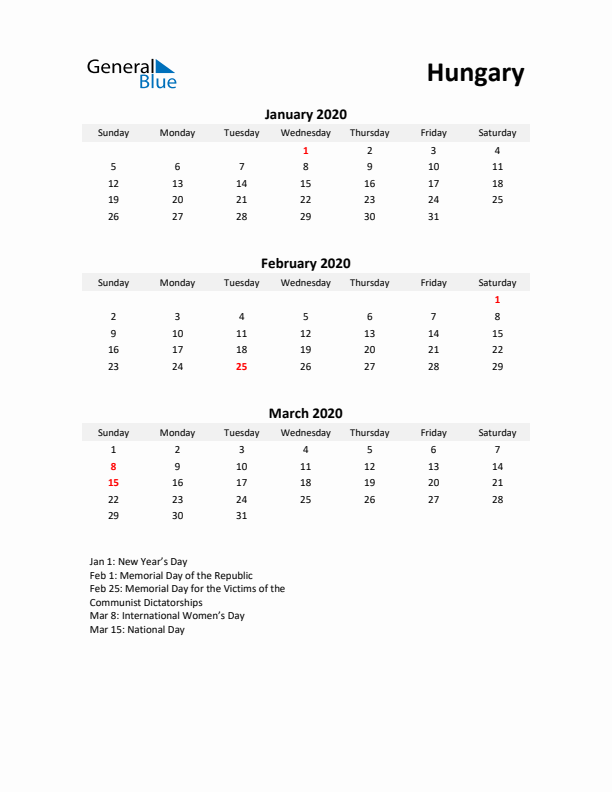 Printable Quarterly Calendar with Notes and Hungary Holidays- Q1 of 2020