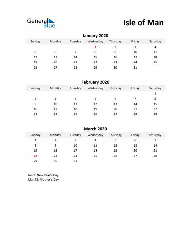 Printable Quarterly Calendar with Notes and Isle of Man Holidays- Q1 of 2020