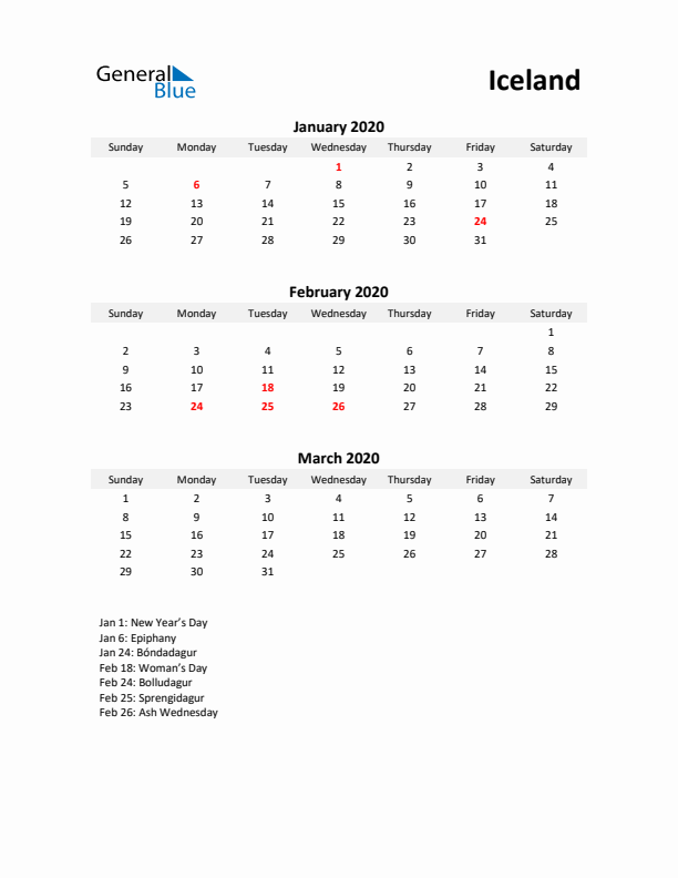 Printable Quarterly Calendar with Notes and Iceland Holidays- Q1 of 2020