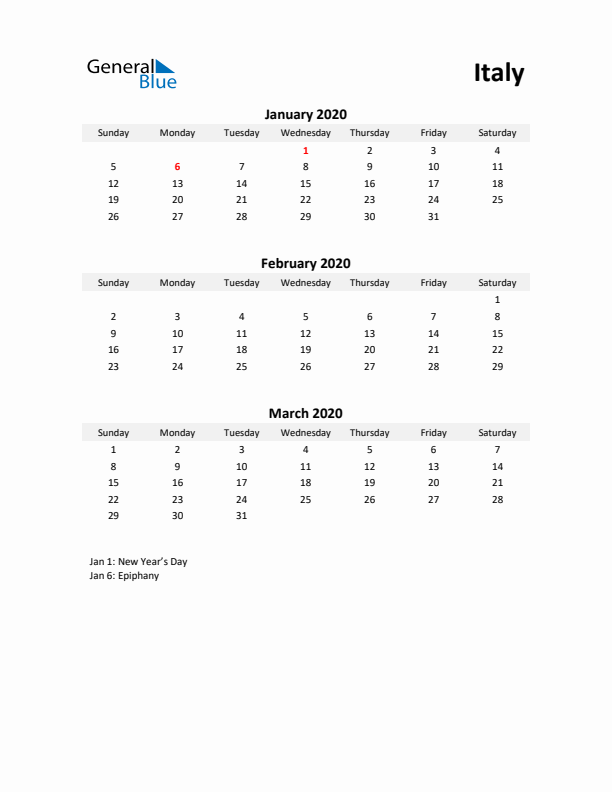 Printable Quarterly Calendar with Notes and Italy Holidays- Q1 of 2020