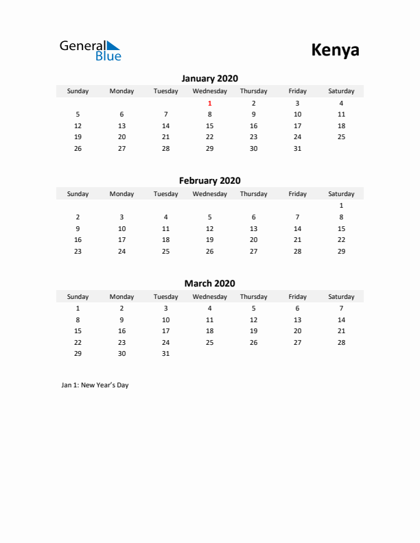 Printable Quarterly Calendar with Notes and Kenya Holidays- Q1 of 2020