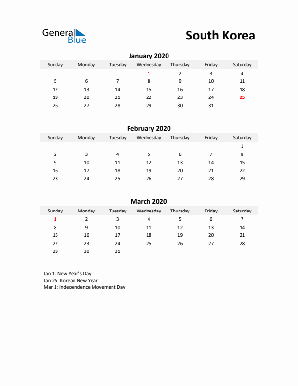 Printable Quarterly Calendar with Notes and South Korea Holidays- Q1 of 2020