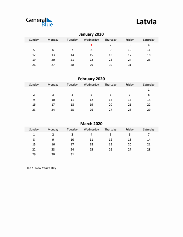 Printable Quarterly Calendar with Notes and Latvia Holidays- Q1 of 2020