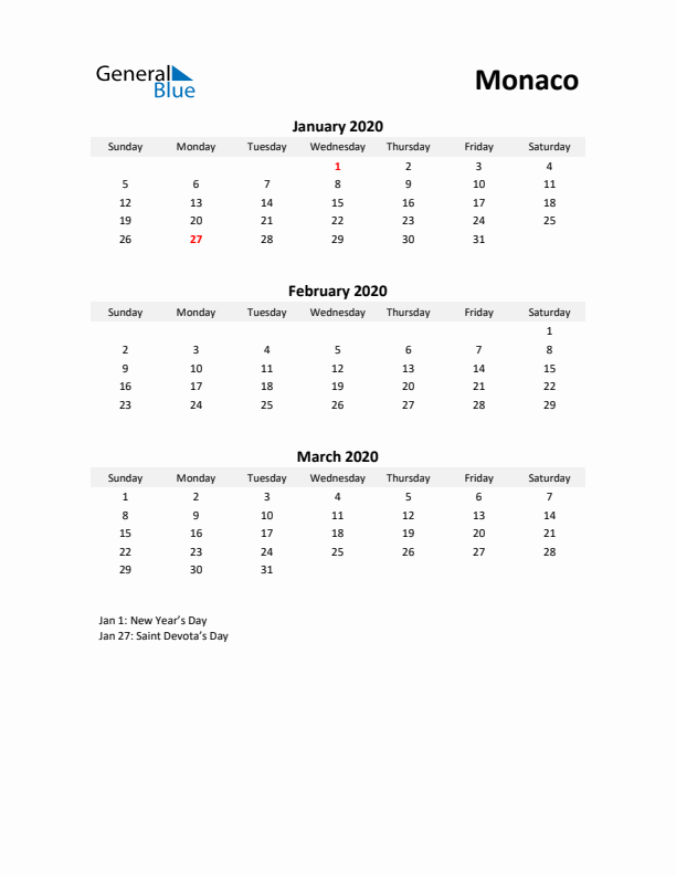 Printable Quarterly Calendar with Notes and Monaco Holidays- Q1 of 2020