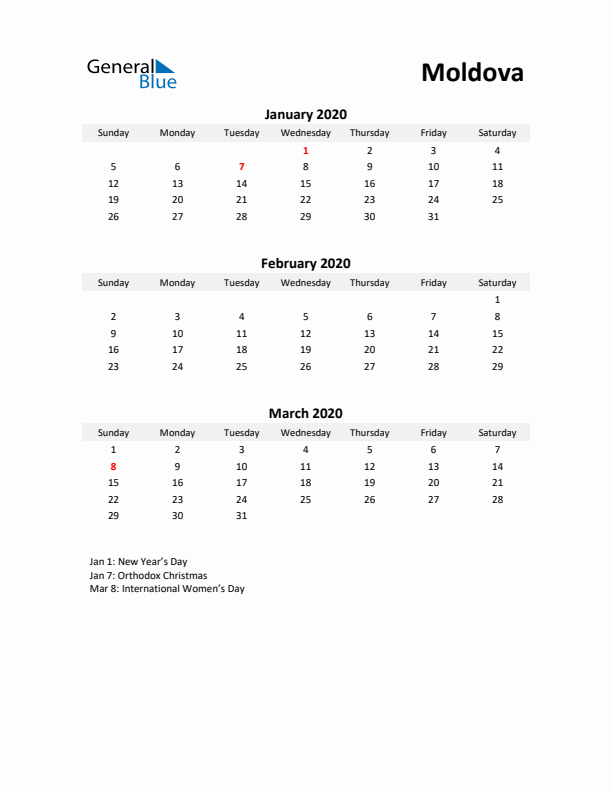 Printable Quarterly Calendar with Notes and Moldova Holidays- Q1 of 2020