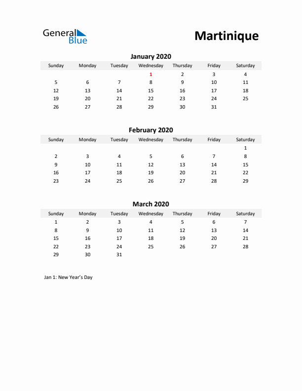 Printable Quarterly Calendar with Notes and Martinique Holidays- Q1 of 2020