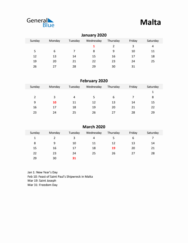 Printable Quarterly Calendar with Notes and Malta Holidays- Q1 of 2020