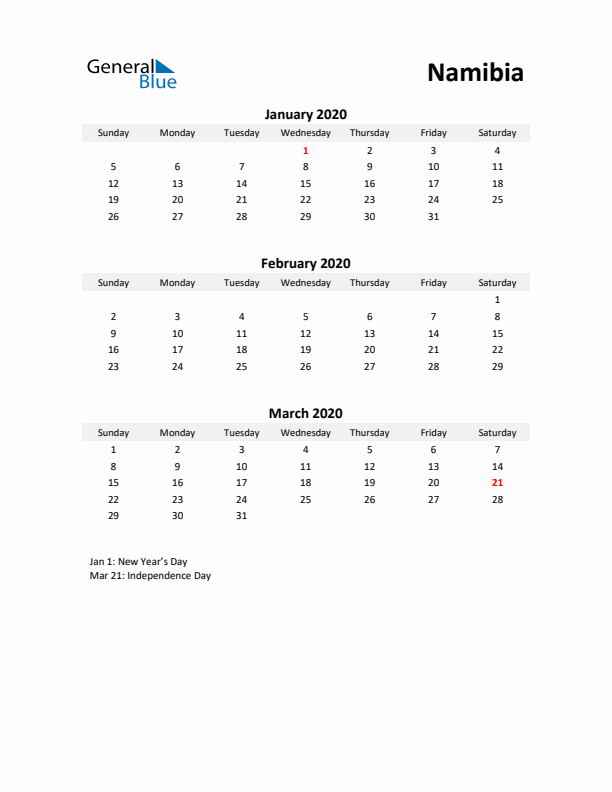 Printable Quarterly Calendar with Notes and Namibia Holidays- Q1 of 2020