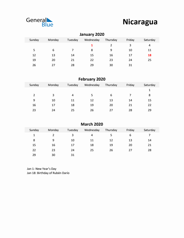 Printable Quarterly Calendar with Notes and Nicaragua Holidays- Q1 of 2020