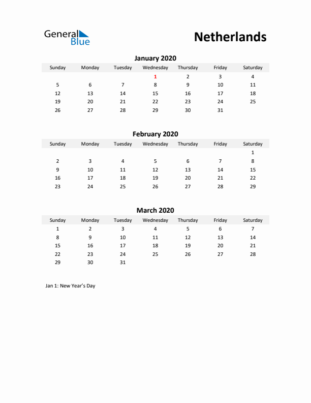 Printable Quarterly Calendar with Notes and The Netherlands Holidays- Q1 of 2020