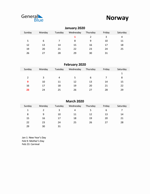 Printable Quarterly Calendar with Notes and Norway Holidays- Q1 of 2020