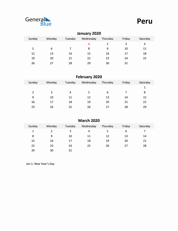 Printable Quarterly Calendar with Notes and Peru Holidays- Q1 of 2020