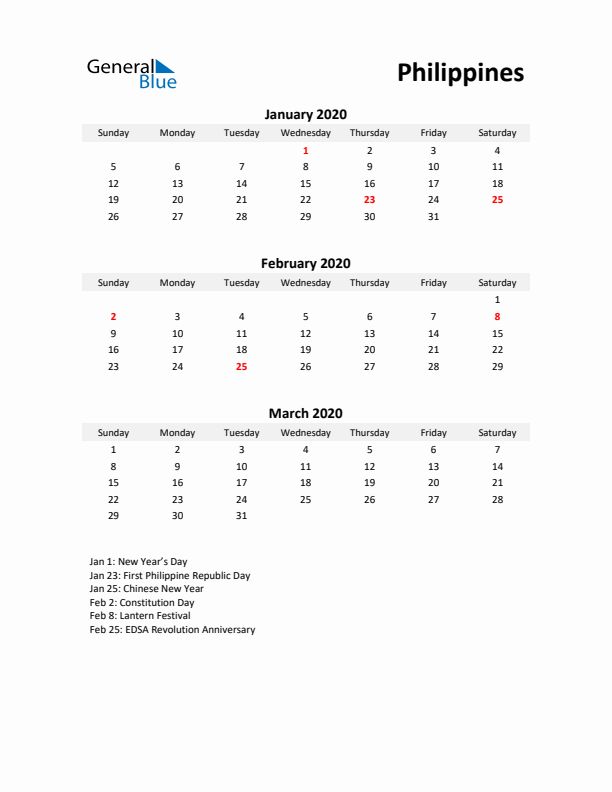 Printable Quarterly Calendar with Notes and Philippines Holidays- Q1 of 2020