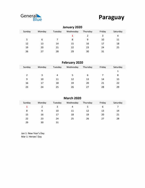 Printable Quarterly Calendar with Notes and Paraguay Holidays- Q1 of 2020